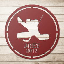 Load image into Gallery viewer, Hockey_Goalie_Metal_Sign_Red_Simple_Wood_BKGD_Mockup.png