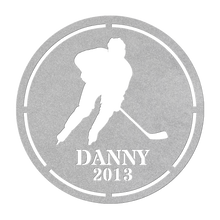 Load image into Gallery viewer, Personalized_Hockey_Player_Metal_Sign_Silver_Transparent_Mockup.png