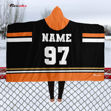 Load image into Gallery viewer, Personalized Black/Orange/Gold Hockey Hooded Blanket