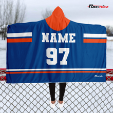 Load image into Gallery viewer, Personalized Royal/Orange Hockey Hooded Blanket