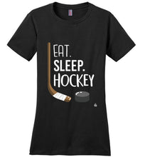 Load image into Gallery viewer, Black Womens Hockey Shirt for Dedicated Hockey Moms, Hockey Players and Hockey Fans
