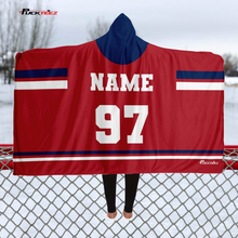Load image into Gallery viewer, Personalized Red/Blue Hockey Hooded Blanket
