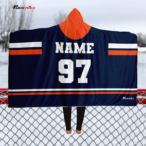 Personalized Navy/Orange Hockey Hooded Blanket