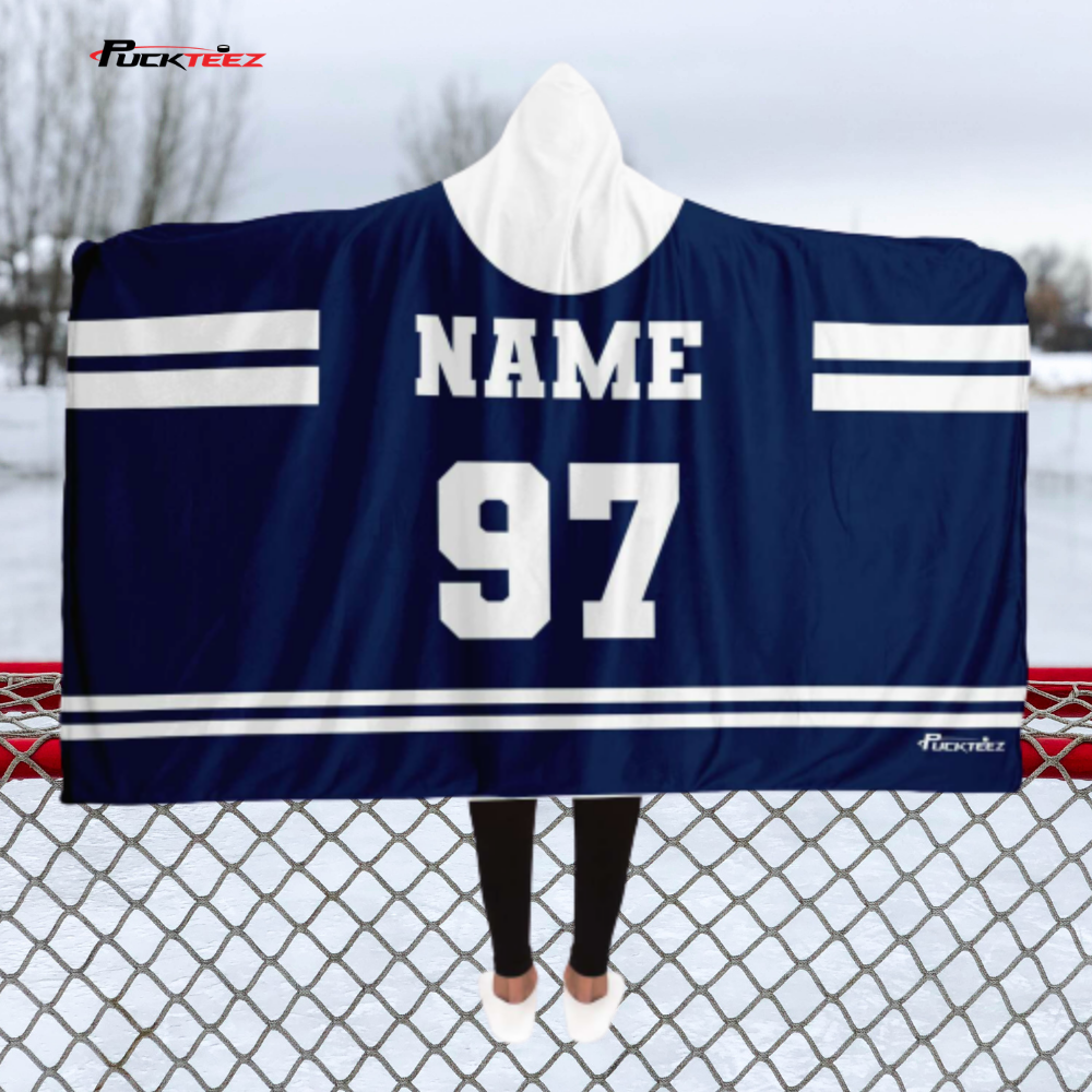 Personalized Navy/White Hockey Hooded Blanket