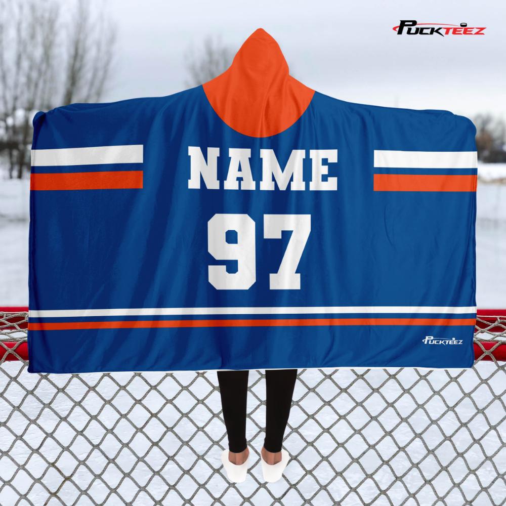 Personalized Royal/Orange Hockey Hooded Blanket