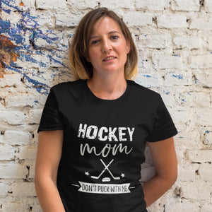 Happy Woman wearing her black Hockey Mom Shirt