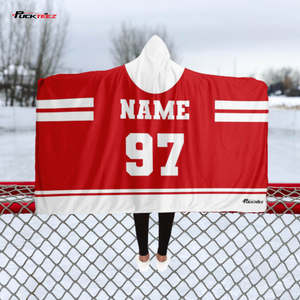 Personalized Red/White Hockey Hooded Blanket